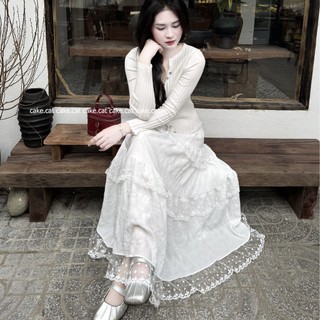 Chân Váy Midi Dáng Dài Viền Ren Chân Váy Dài 4 Tầng Dáng Xòe Cạp Chun Tiểu Thư Xinh Xắn Cakecat