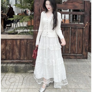 Chân Váy Midi Dáng Dài Viền Ren Chân Váy Dài 4 Tầng Dáng Xòe Cạp Chun Tiểu Thư Xinh Xắn Cakecat