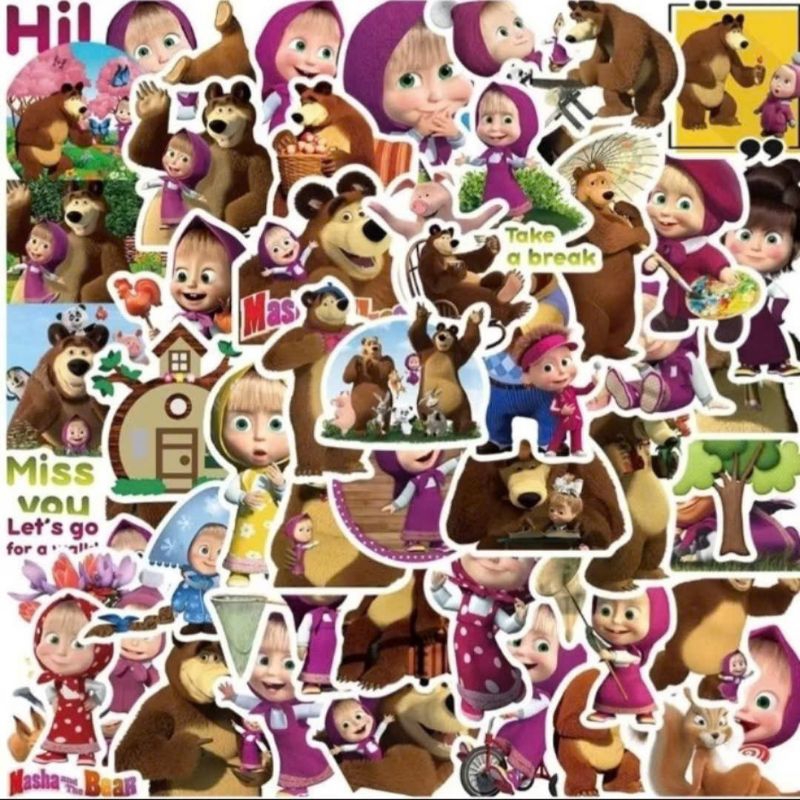 Set 10 50 sticker hoạt hình masha và and the bear gấu dán nón mũ bảo ...