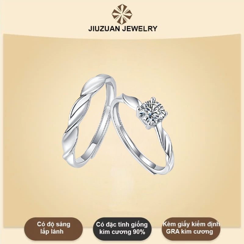 Nhẫn cầu hôn, nhẫn đôi bạc đính đá kim cương Moissanite nhẫn nam nữ 5 ly kiểm định GRA JIUZUAN
