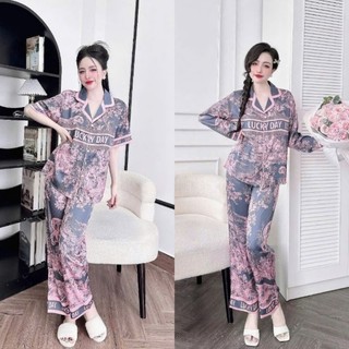 Đồ Bộ pyjama Có Size từ ( 40-60&60-72kg) Vải Lụa Latin Tơ Tằm , in Lucky, Cảnh Rừng Mẫu Hồng Ghi, Đơn Giản  Mà Sang Xịin