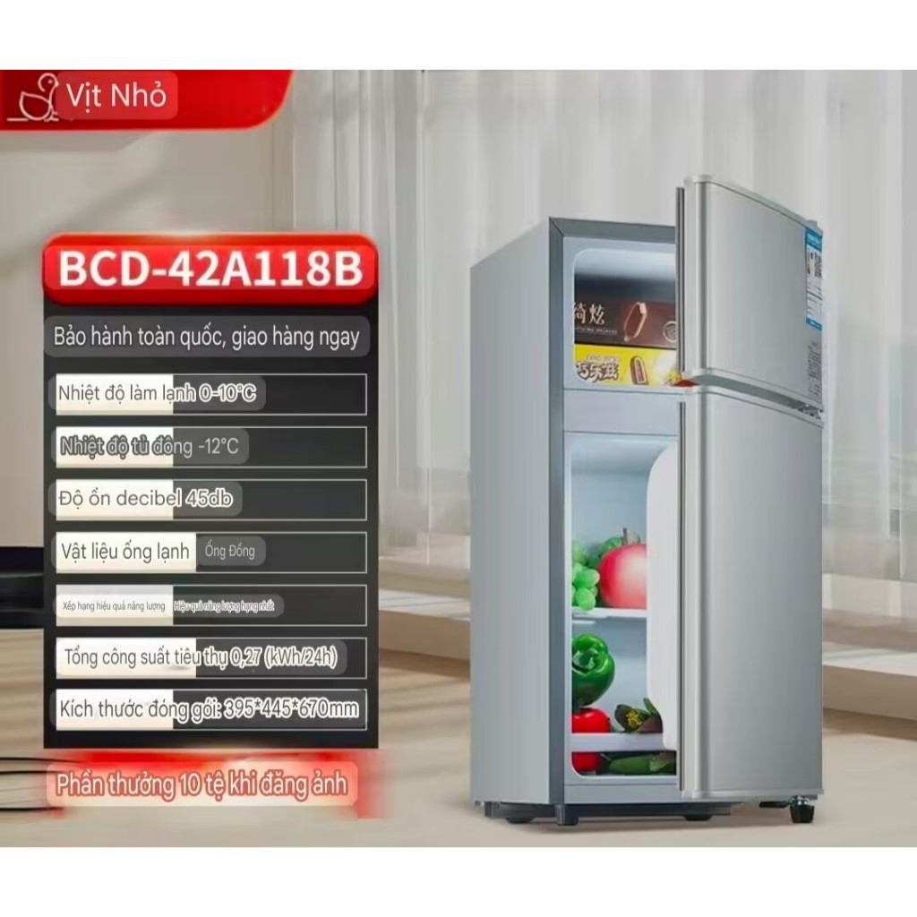 Tủ lạnh mini, tủ lạnh 2 cánh làm lạnh nhanh ngăn đá và ngăn lạnh giữ đồ luôn tươi mới, siêu nhỏ gọn tiết kiệm điện