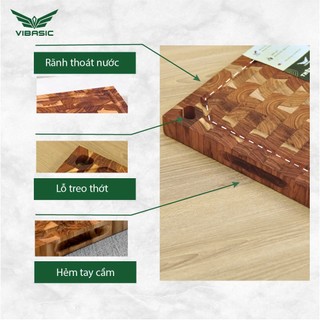 Thớt gỗ Teak Vibasic ghép dựng block, kích thước 300x200x25mm có lỗ treo