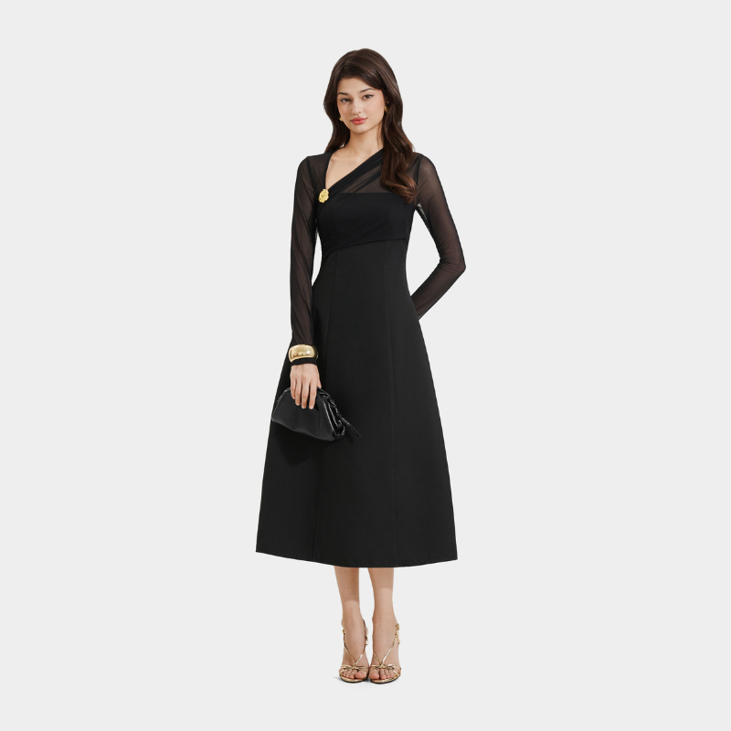 Ảnh Đầm Kiểu Nữ MARC FASHION Form A Tay Dài Phối Lưới Thun Cài Hoa - FASH111924 3