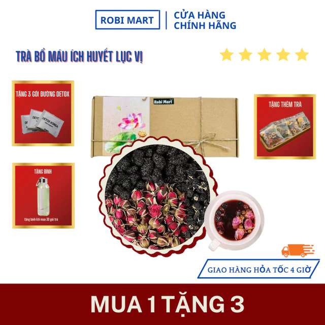 Trà bổ máu ích huyết lục vị (hắc kỷ tử, kỳ tử đỏ, dâu tằm, táo đỏ, nụ hồng, nụ nhài) robimart - set 10, 20, 30 gói