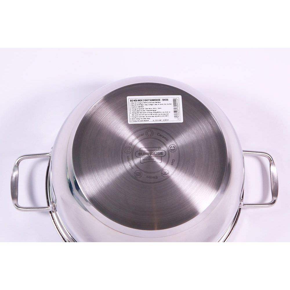 Ảnh Bộ nồi inox 3 đáy Sunhouse SH335 size 16,20,24cm dùng trên mọi loại bếp 2