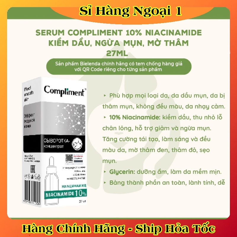 Serum Compliment 10% Niacinamide kiềm dầu, ngừa mụn, mờ thâm trên da 27ml của Nga