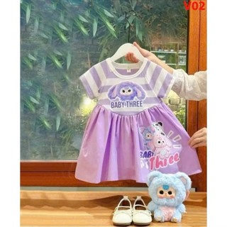 V02-V04 Váy bé gái cộc tay hoạ tiết Baby Threecân nặng 10-28kg,Đầm bé gái kẻ sọc 2 màu họa tiết xinh xắn