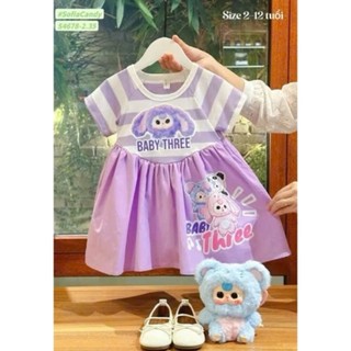 V02-V04 Váy bé gái cộc tay hoạ tiết Baby Threecân nặng 10-28kg,Đầm bé gái kẻ sọc 2 màu họa tiết xinh xắn