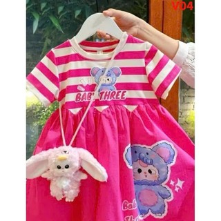 V02-V04 Váy bé gái cộc tay hoạ tiết Baby Threecân nặng 10-28kg,Đầm bé gái kẻ sọc 2 màu họa tiết xinh xắn