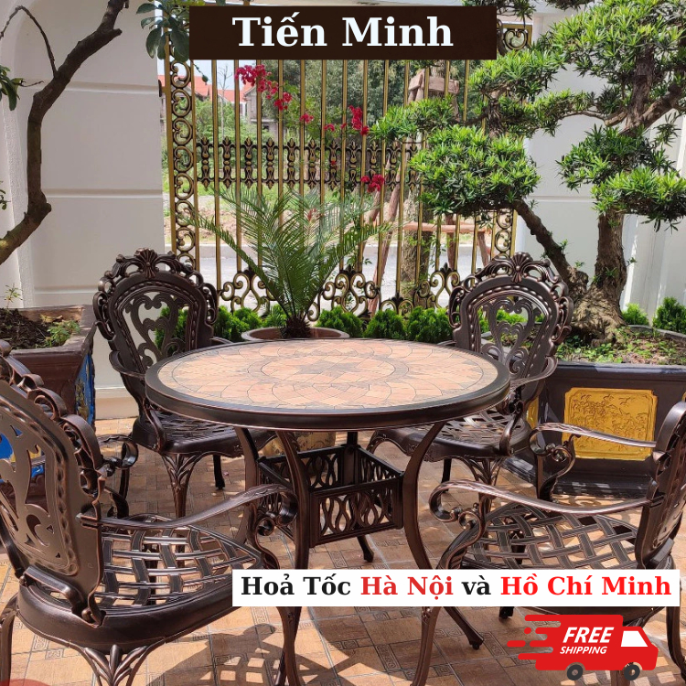 Bộ bàn ghế ban công ngoài trời Tròn Nhôm đúc Mặt đá gốm Bàn ghế sân vườn ngoài trời cực đẹp - HP42