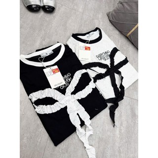 Set Bộ Đồ Nữ Áo Phông Dáng Nơ Thêu Nơ Ren Mix Quần Xuông Rộng In Nơ Đính Nơ Hai Bên Freesze
