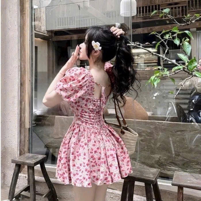 Đầm lụa hoa tay búp ( có mút ngực ) xoè kèm quần rời, cổ vuông MCA phong cách tiểu thư [ Video sp thực tế ]