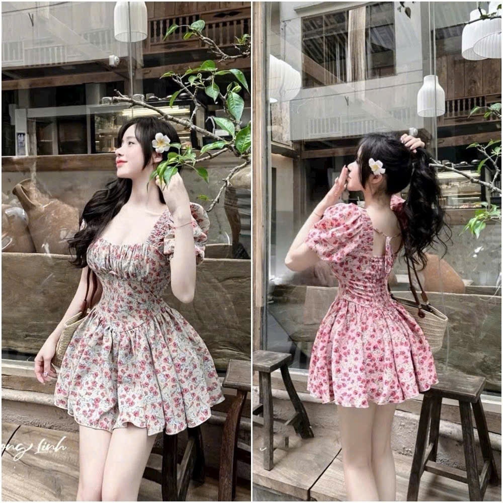 Đầm lụa hoa tay búp ( có mút ngực ) xoè kèm quần rời, cổ vuông MCA phong cách tiểu thư [ Video sp thực tế ]