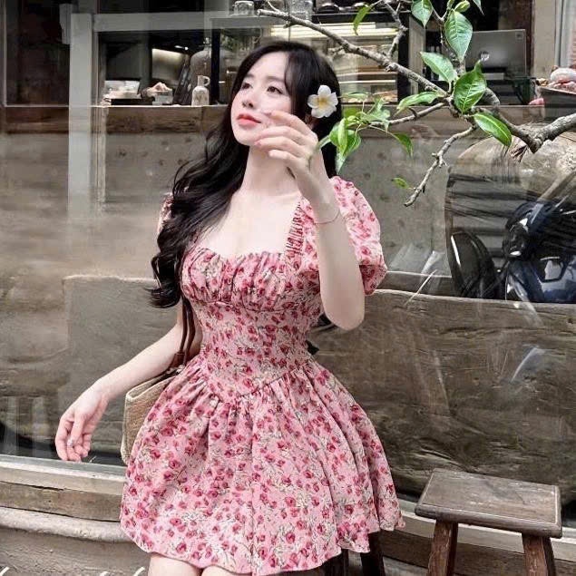 Đầm lụa hoa tay búp ( có mút ngực ) xoè kèm quần rời, cổ vuông MCA phong cách tiểu thư [ Video sp thực tế ]