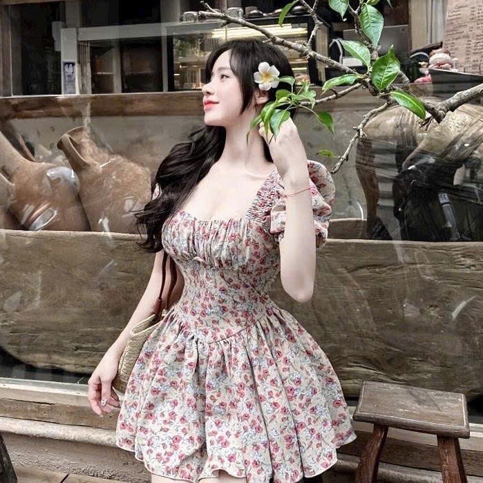 Đầm lụa hoa tay búp ( có mút ngực ) xoè kèm quần rời, cổ vuông MCA phong cách tiểu thư [ Video sp thực tế ]