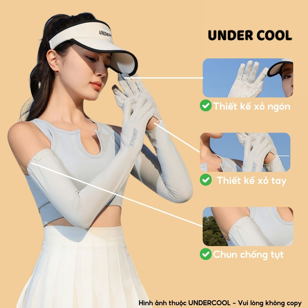 Găng Tay Chống Nắng Dài Golf UNDERCOOL Nữ Nam SPORT Xỏ Hở Ngón, Xỏ cô tay Chống Tia UV Mùa Hè Có Vân Chống Trượt GT02