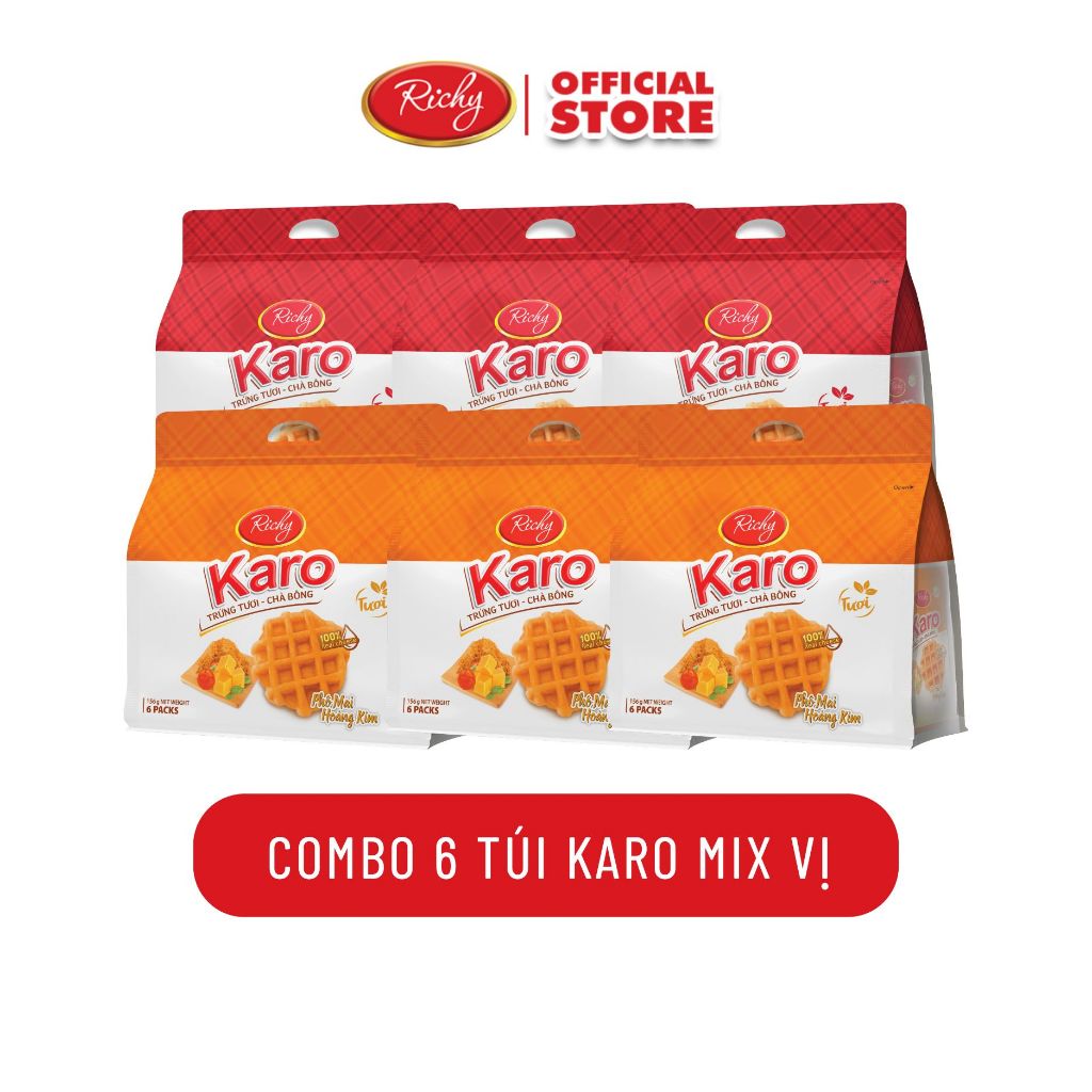 [TẶNG QUÀ ĐƠN TỪ 129K] Combo 6 bịch bánh Karo Richy trứng tươi chà bông và phô mai hoàng kim, HSD 45 ngày