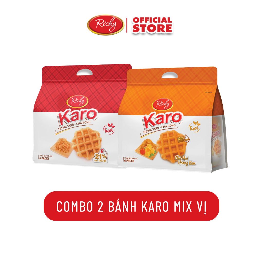[Tặng quà đơn từ 129k] Combo 2 bịch bánh trứng tươi chà bông Karo Richy sợi thịt gà và phô mai hoàng kim 26g