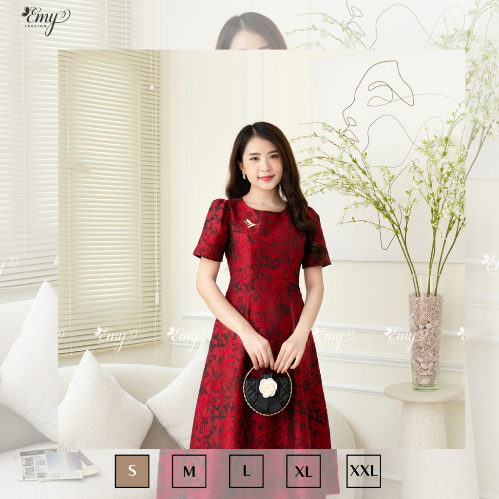 Ảnh Đầm Công Sở EMY Cao Cấp Thanh Lịch EM7517 Dáng Xòe Cổ Tròn Sang Trọng, Dự Tiệc Vải Gấm Taffta Đỏ Đô 3