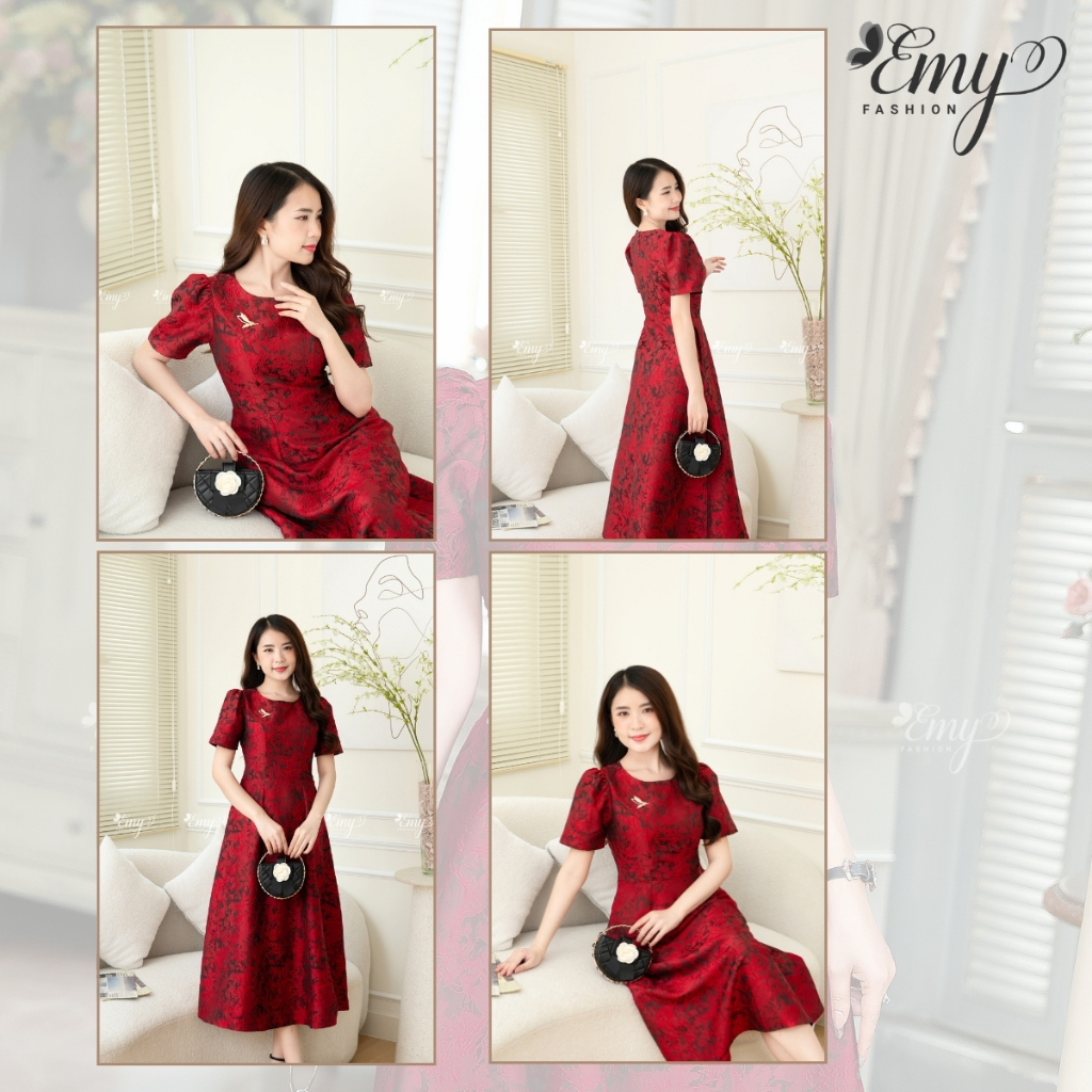 Ảnh Đầm Công Sở EMY Cao Cấp Thanh Lịch EM7517 Dáng Xòe Cổ Tròn Sang Trọng, Dự Tiệc Vải Gấm Taffta Đỏ Đô 4