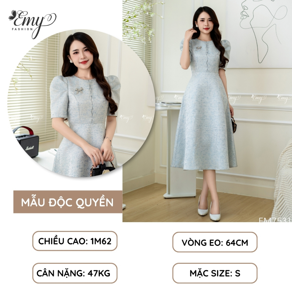 Ảnh Đầm Công Sở EMY Cao Cấp Thời Trang Thanh Lịch EM7531 Dáng Xòe Cổ Tròn Tay Ngắn Vải Taffeta Nền Xanh 2