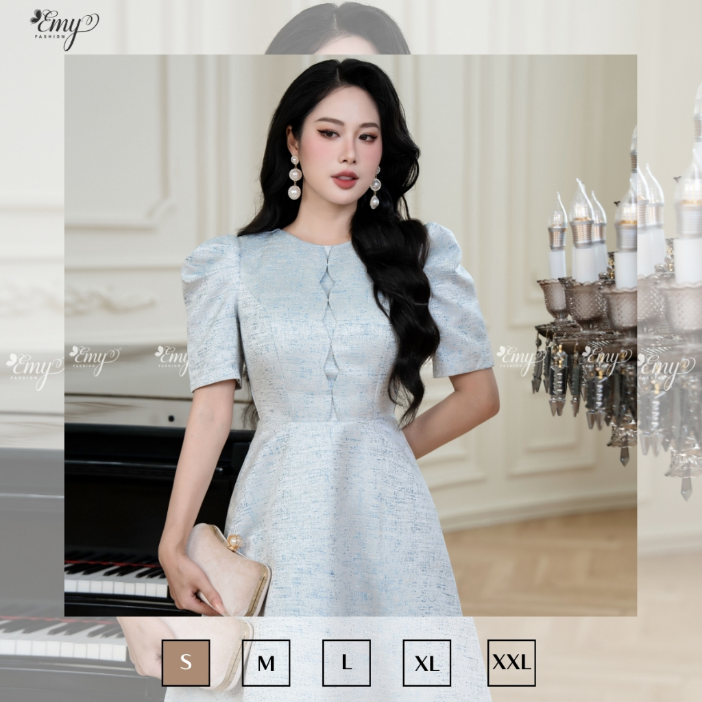 Ảnh Đầm Công Sở EMY Cao Cấp Thời Trang Thanh Lịch EM7531 Dáng Xòe Cổ Tròn Tay Ngắn Vải Taffeta Nền Xanh 3