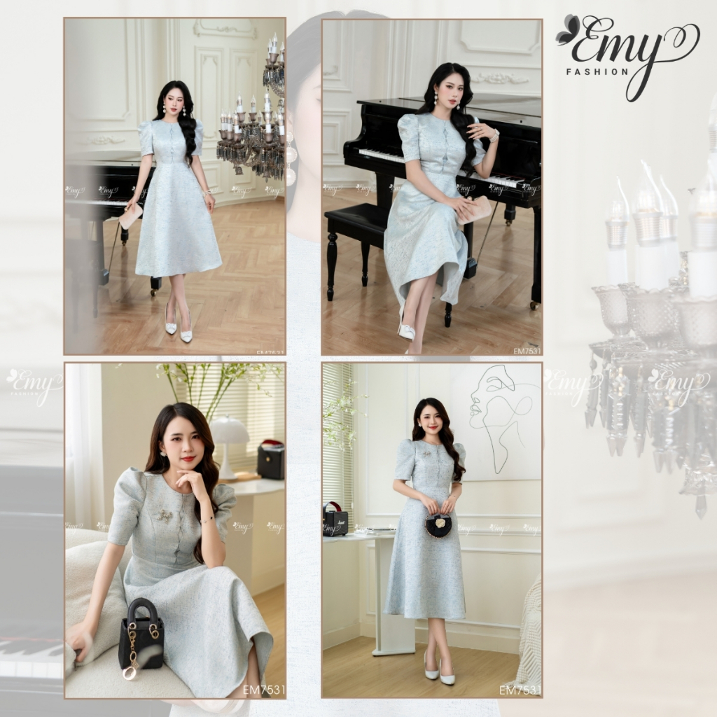 Ảnh Đầm Công Sở EMY Cao Cấp Thời Trang Thanh Lịch EM7531 Dáng Xòe Cổ Tròn Tay Ngắn Vải Taffeta Nền Xanh 4