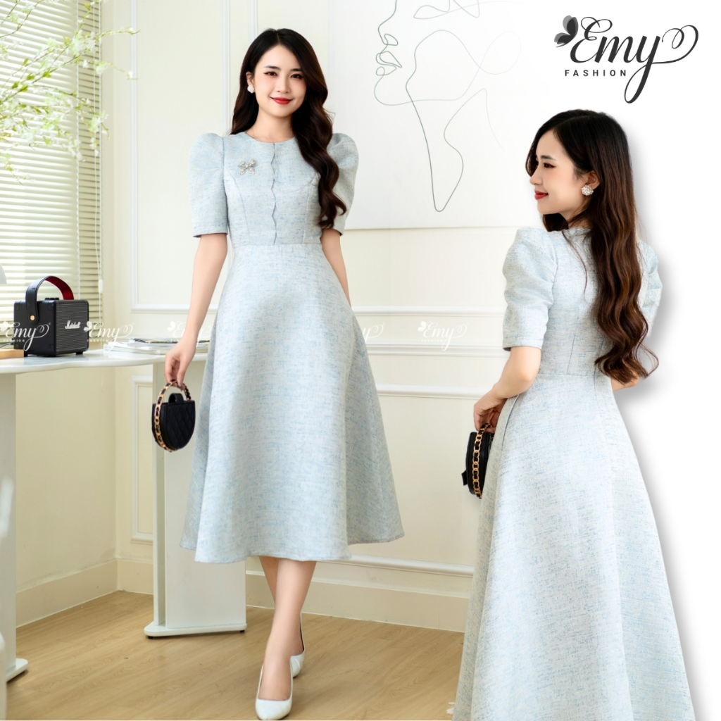 Ảnh Đầm Công Sở EMY Cao Cấp Thời Trang Thanh Lịch EM7531 Dáng Xòe Cổ Tròn Tay Ngắn Vải Taffeta Nền Xanh 1