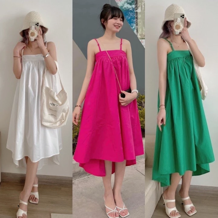 Đầm babydoll nữ xòe đi biển mùa hè đầm baby doll 2 dây maxi nữ dài chất vải thô rộng dấu bụng thời trang