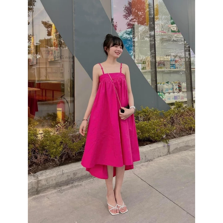 Đầm babydoll nữ xòe đi biển mùa hè đầm baby doll 2 dây maxi nữ dài chất vải thô rộng dấu bụng thời trang