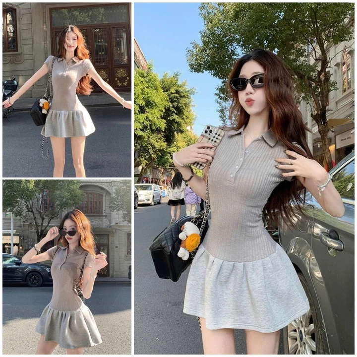 Váy polo mix chân váy xòe Y2K, đầm cộc tay phối váy xòe form ngắn phong cách Hàng Châu Top Xám Ghi