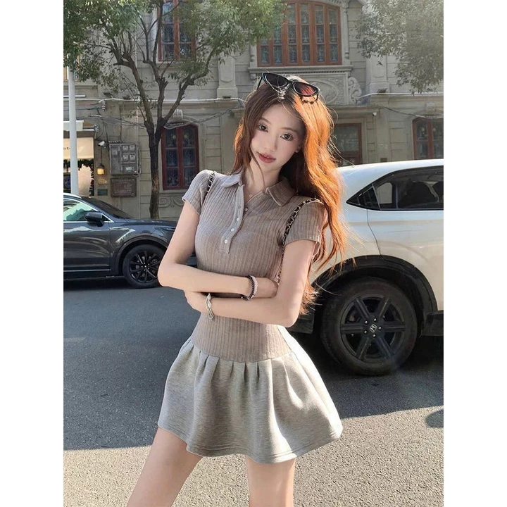 Váy polo mix chân váy xòe Y2K, đầm cộc tay phối váy xòe form ngắn phong cách Hàng Châu Top Xám Ghi