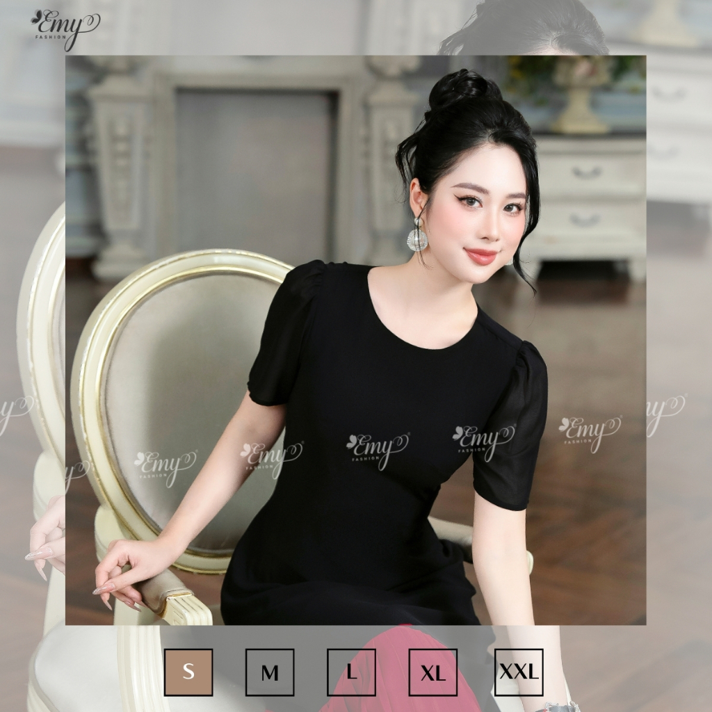 Ảnh Đầm Dự Tiệc EMY Thời Trang Nữ Trung Niên Cao Cấp EM7522 Tay Ngắn Dáng Suông Xòe Cổ Tròn Sang Trọng 3