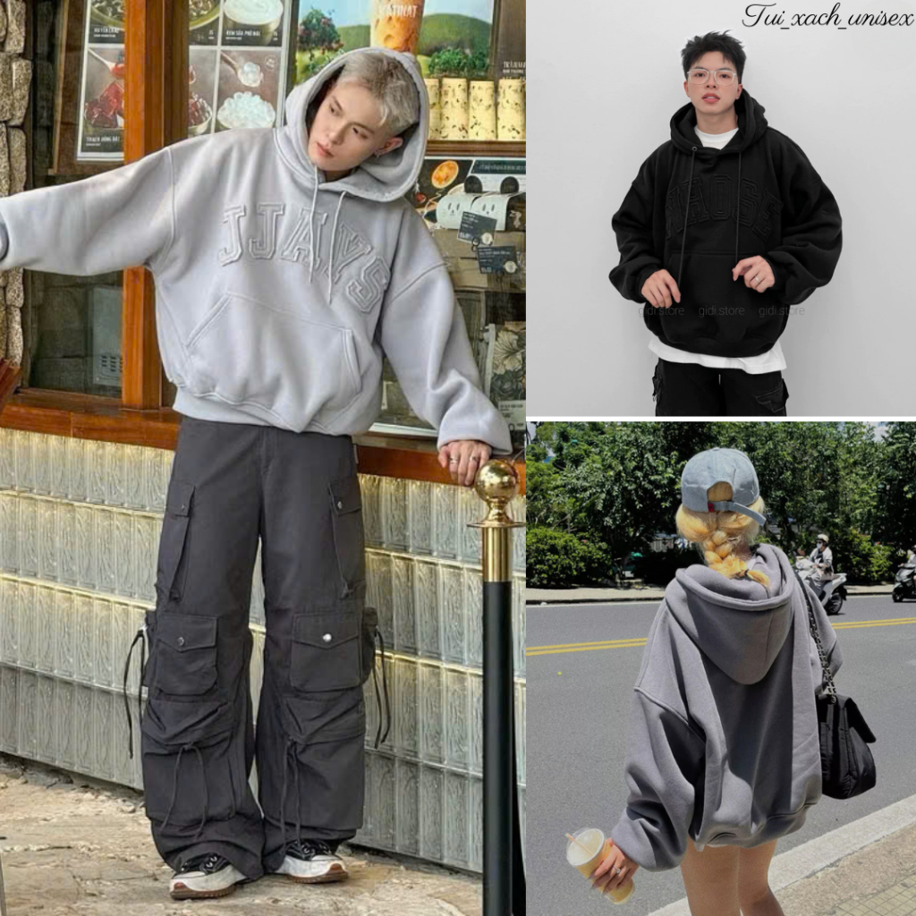 Áo hoodie nam nữ thêu đắp vải JJAYS form rộng mũ to có túi giữa trẻ trung phong cách - UNISEX SSL