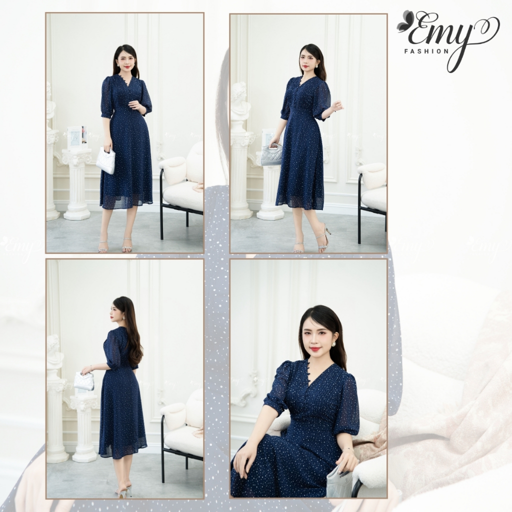 Ảnh Đầm Thiết Kế EMY Thời Trang Cao Cấp Trung Niên EM9492 Dáng Xòe Cổ V, Nền Xanh Đen Chấm Bi Nhã Nhặn Tiểu Thư 3