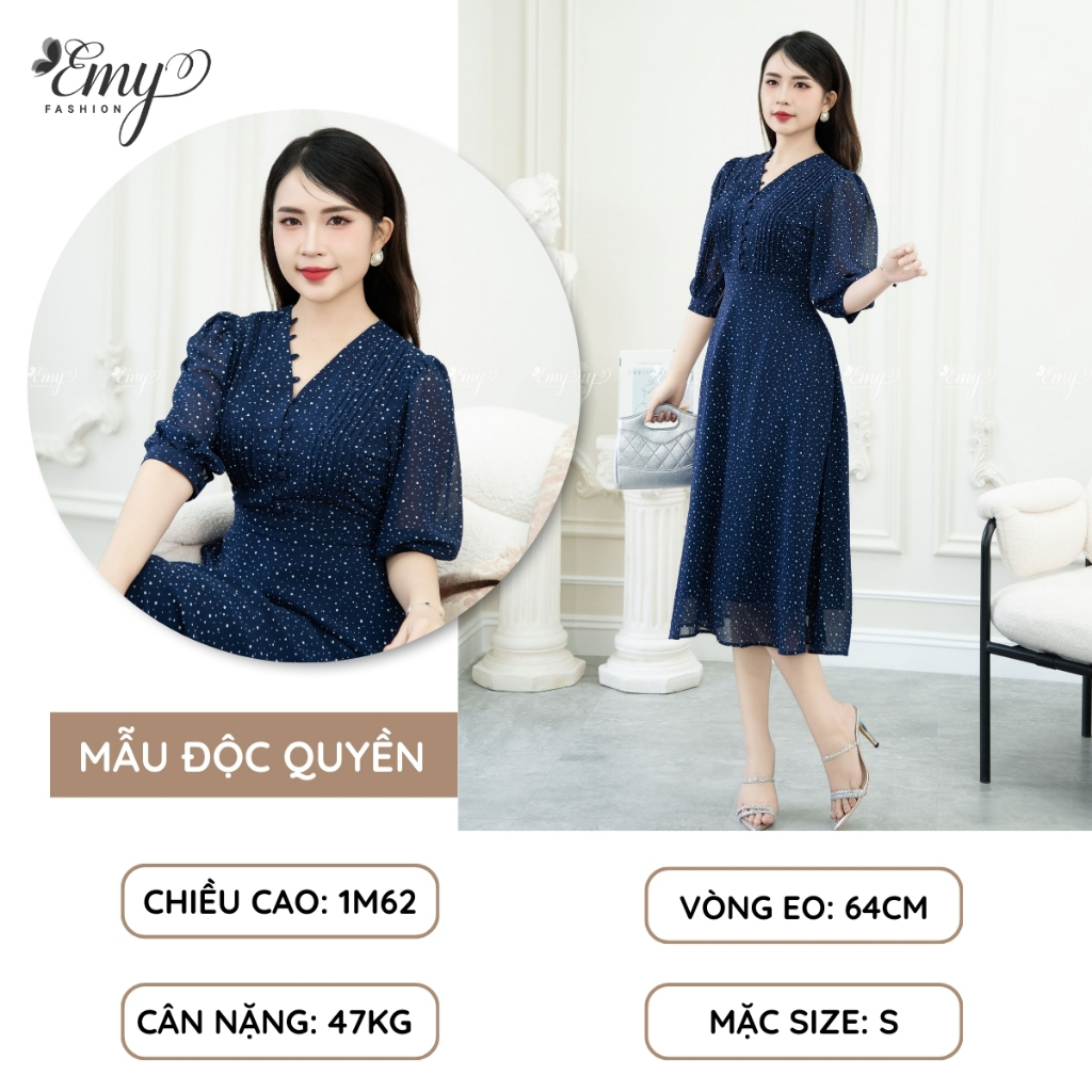 Ảnh Đầm Thiết Kế EMY Thời Trang Cao Cấp Trung Niên EM9492 Dáng Xòe Cổ V, Nền Xanh Đen Chấm Bi Nhã Nhặn Tiểu Thư 1