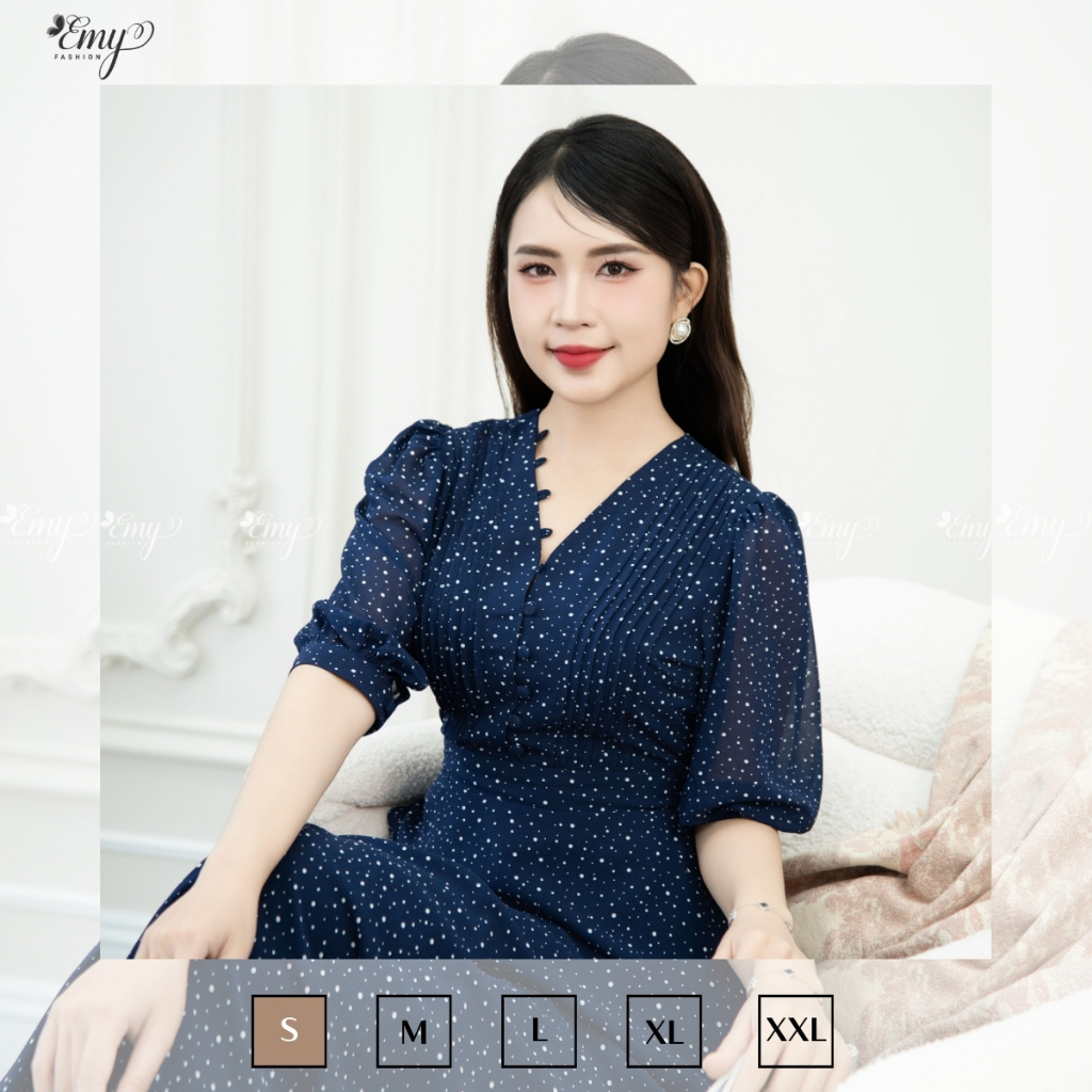 Ảnh Đầm Thiết Kế EMY Thời Trang Cao Cấp Trung Niên EM9492 Dáng Xòe Cổ V, Nền Xanh Đen Chấm Bi Nhã Nhặn Tiểu Thư 2