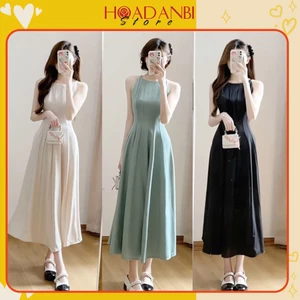 Váy maxi cổ yếm màu trơn chiết eo chất chéo dày dặn phong cách tiểu thư Hàn Quốc Hoadanbistore