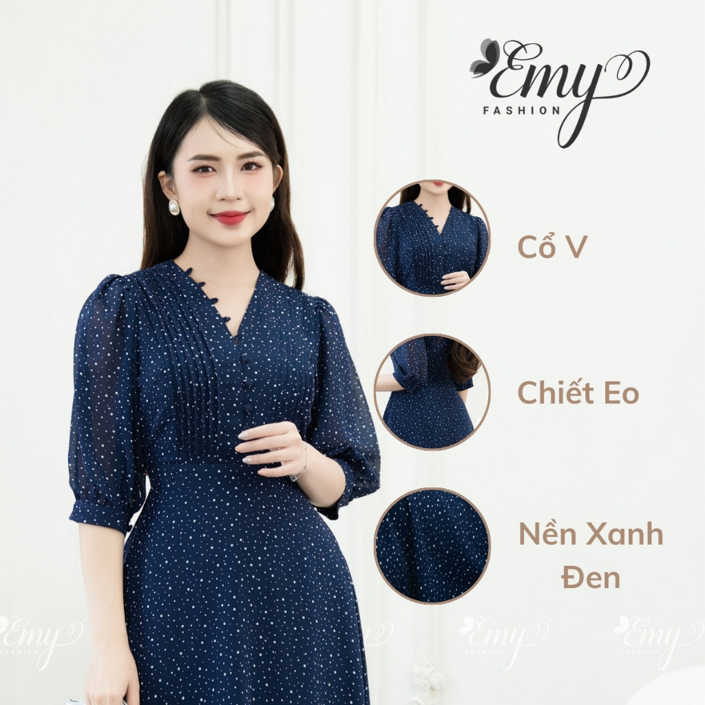 Ảnh Đầm Thiết Kế EMY Thời Trang Cao Cấp Trung Niên EM9492 Dáng Xòe Cổ V, Nền Xanh Đen Chấm Bi Nhã Nhặn Tiểu Thư 4