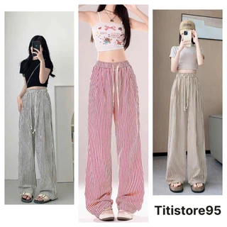 (COMBO 2 QUẦN) Quần suông( có phiên bản cho nấm) kẻ sọc vải cotton nhún nhẹ mát, cạp chun, có 2 túi và dây rút.