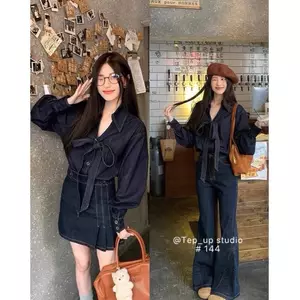 🍒 SET ÁO JEAN CỘT NƠ CỔ QC XINH 🔥𝐇𝐨𝐚̉ 𝐓𝐨̂́𝐜🔥 𝐌𝐄𝐎𝐈𝐍𝐃𝐀𝐇𝐎𝐔𝐒𝐄