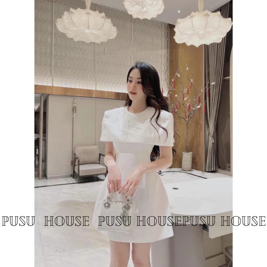 Đầm dự tiệc cổ tròn đính đá thiết kế trùm vai chất xốp sang trọng-PUSU HOUSE