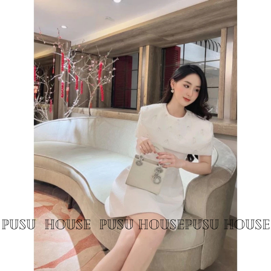 Đầm dự tiệc cổ tròn đính đá thiết kế trùm vai chất xốp sang trọng-PUSU HOUSE