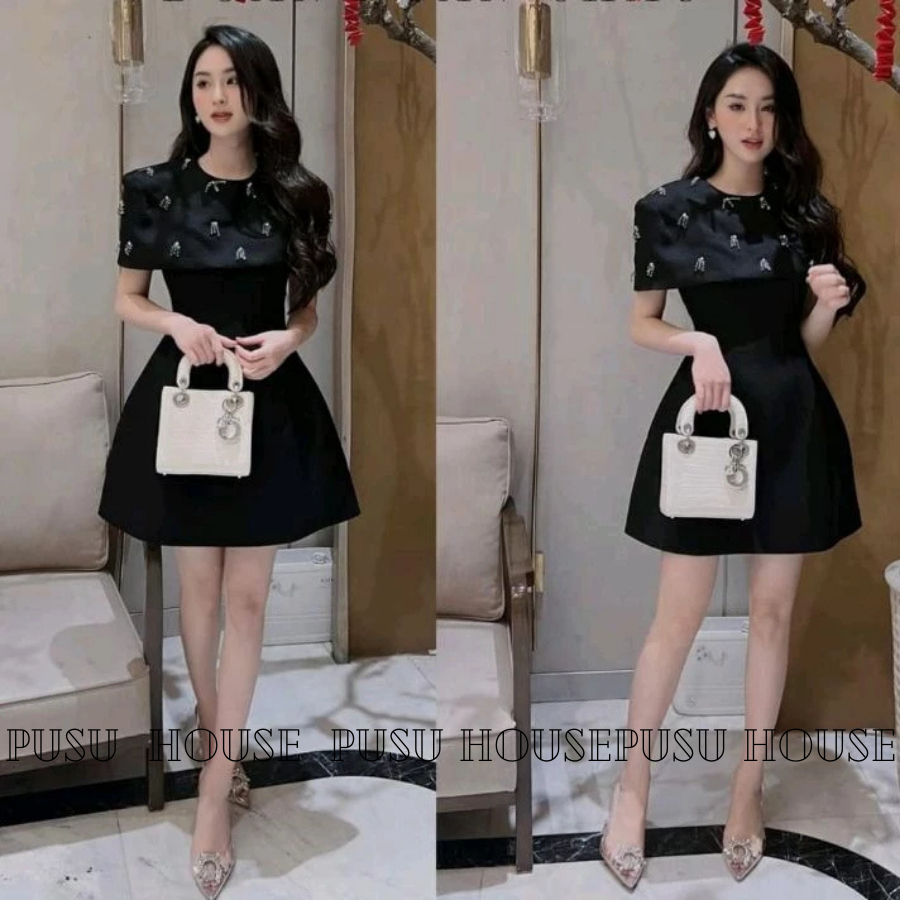 Đầm dự tiệc cổ tròn đính đá thiết kế trùm vai chất xốp sang trọng-PUSU HOUSE