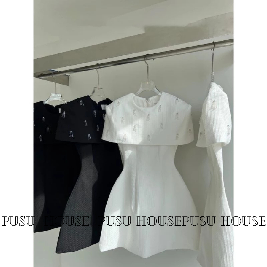 Đầm dự tiệc cổ tròn đính đá thiết kế trùm vai chất xốp sang trọng-PUSU HOUSE