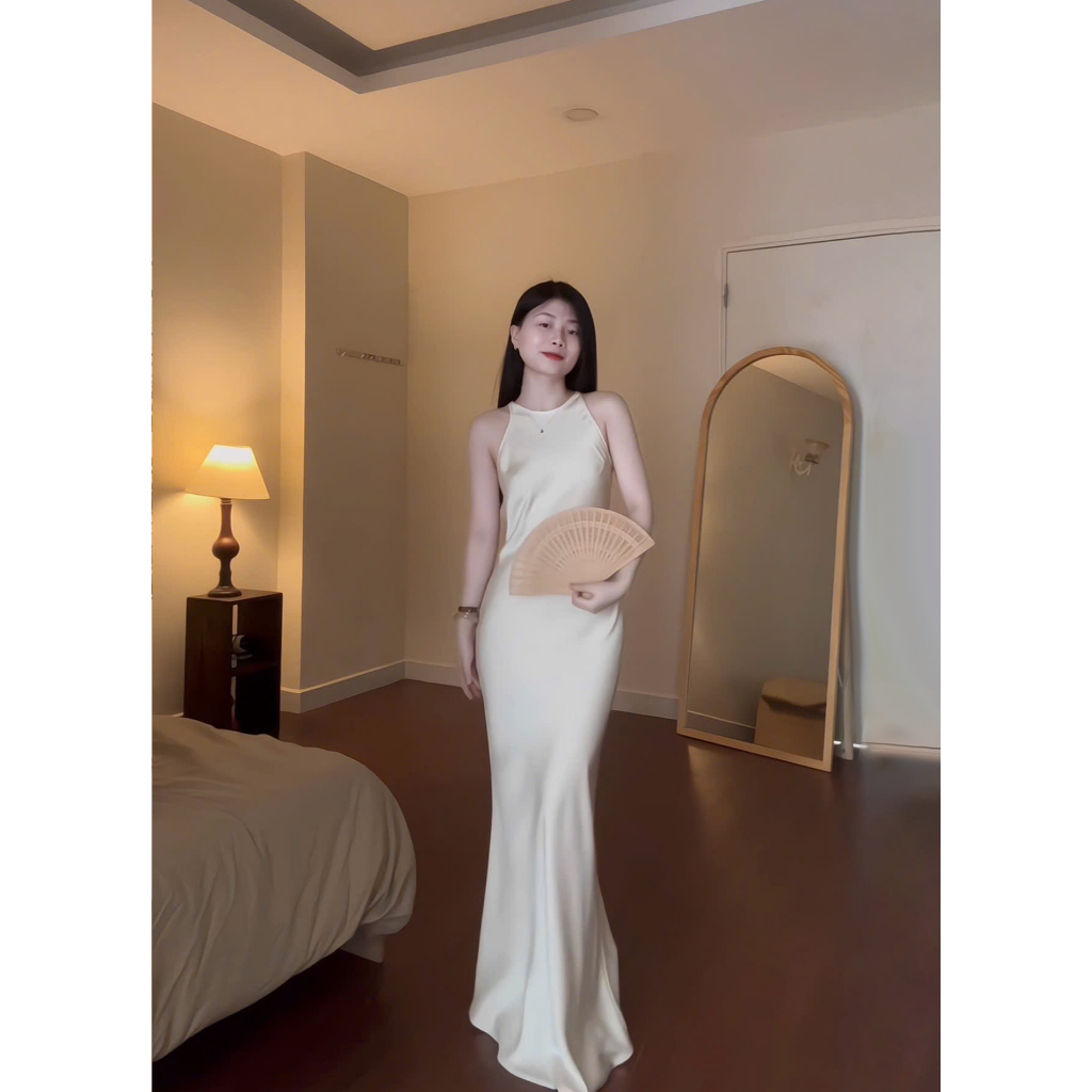 Đầm Lụa Cổ Yếm Form Dài Không Dây Kéo, Không Mút, Một Lớp Nữ Dress Women - LYC