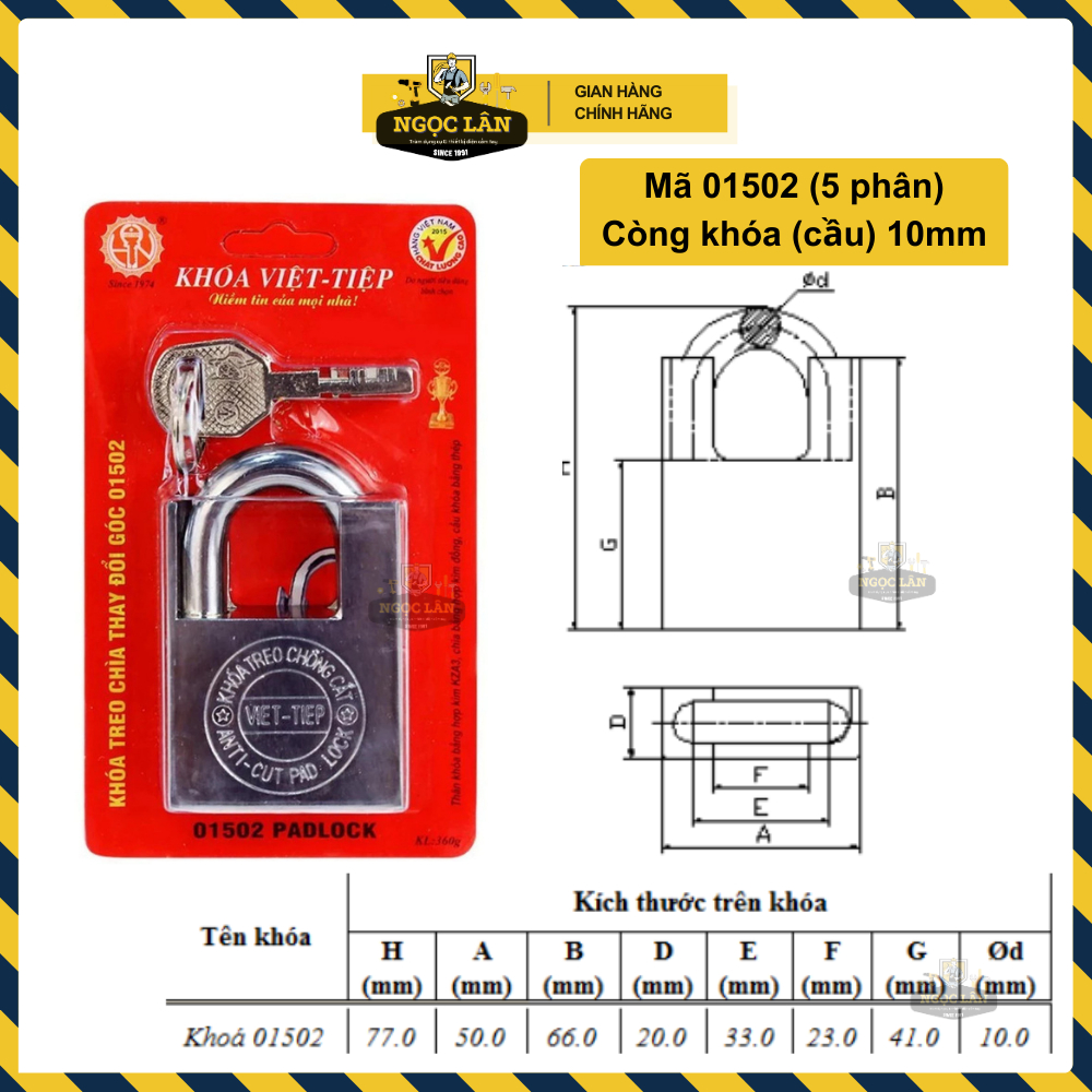 Khóa chống cắt Việt Tiệp 4 chìa khóa, xi trắng hàng chuẩn cầu phi 8mm, 10mm, 12mm an toàn chống trộm