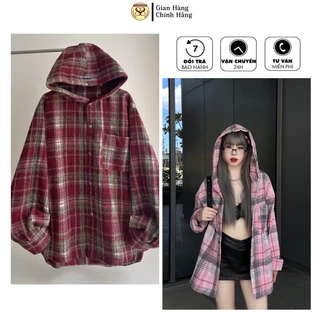 Áo Flannel Dài Tay Sọc Caro Có mũ Form Rộng Hàn Quốc Unisex