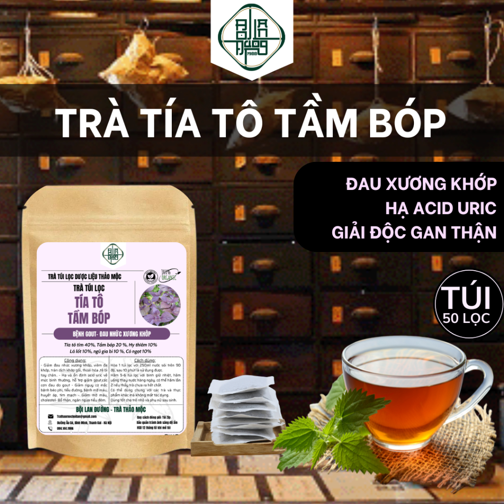 Trà tía tô tầm bóp - BỘI LAN ĐƯỜNG - hạ acid uric, giảm đau nhức xương khớp, giảm cân - túi 50 lọc